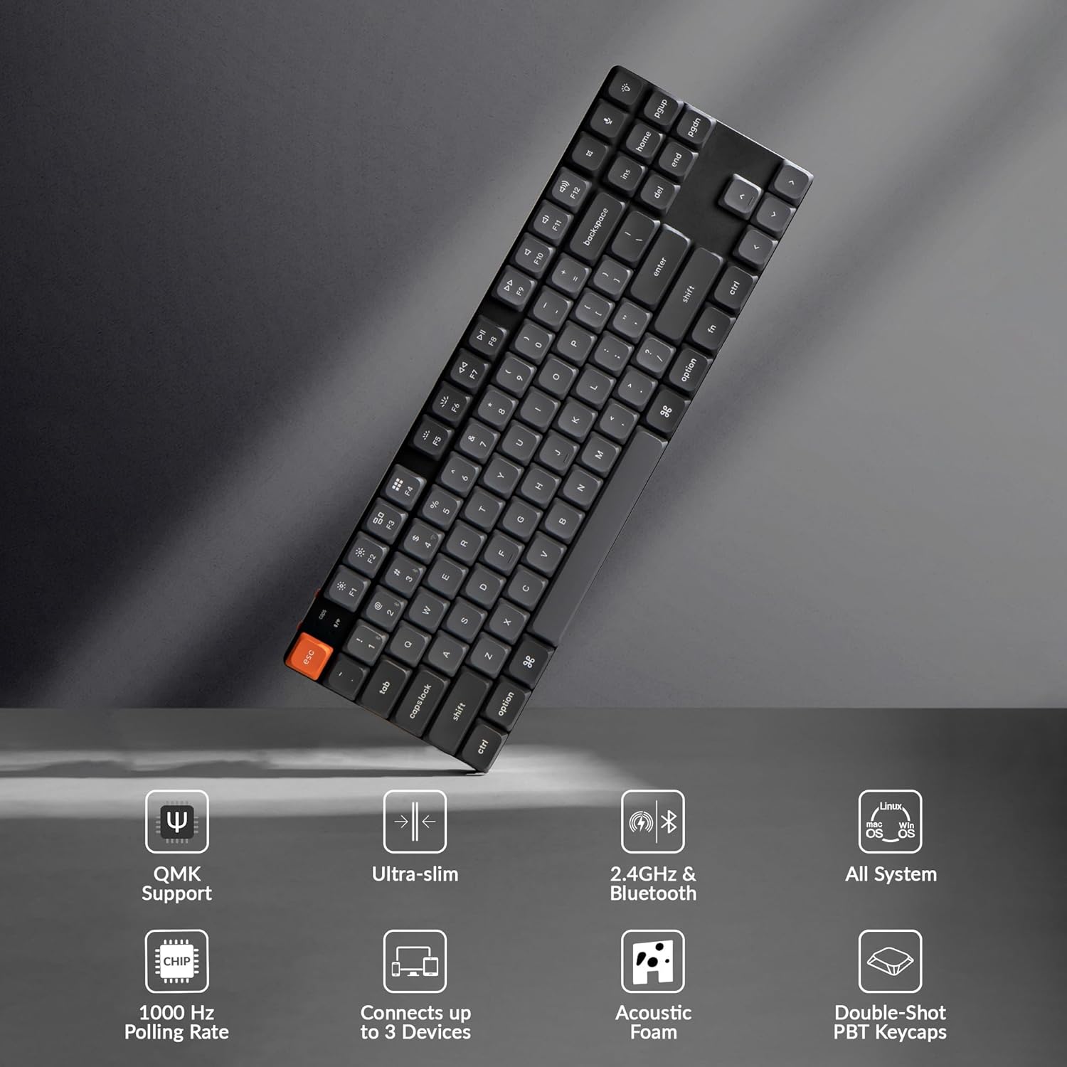Keychron K1 Max Ultra-Slim Wireless Mechanical Keyboard, 80% TKL Layout Bluetooth/2.4 GHz/Wired Keyboard with Low-Profile Gateron Brown Switch, Hot-Swappable, RGB Backlit QMK for Mac Windows Linux