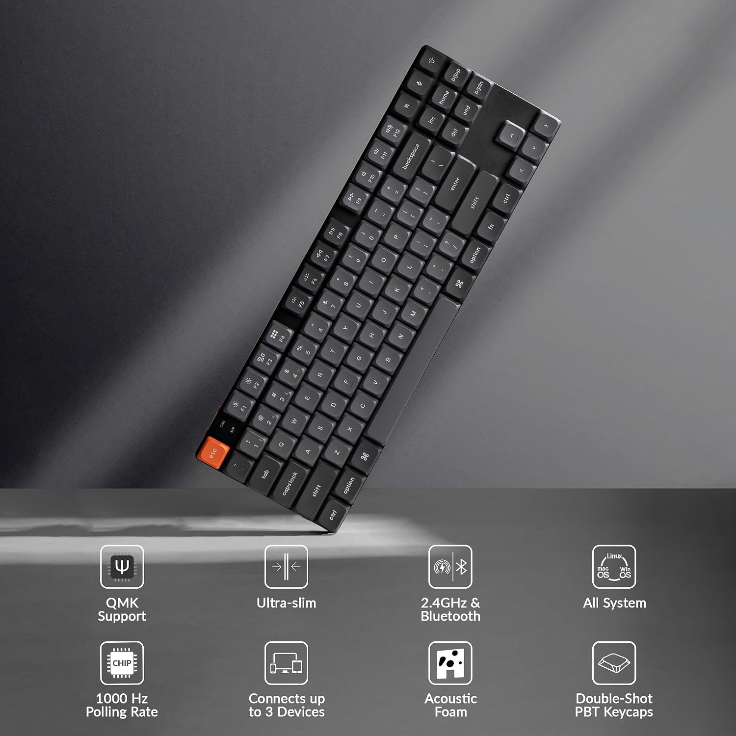 Keychron K1 Max Ultra-Slim Wireless Mechanical Keyboard, 80% TKL Layout Bluetooth/2.4 GHz/Wired Keyboard with Low Profile Silent Red Switch, Hot-Swappable, RGB Backlit, Launcher for Mac Windows Linux