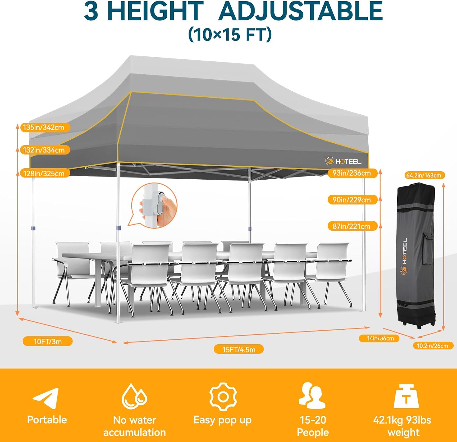 Hoteel 10x15 Pop Up Canopy Tent Heavy Duty with 4 Sidewalls, Waterproof Party Tent, Easy Set-up Commercial Instant Tents with Roller Bag & Sandbags, Hexagonal Leg (1-Year Warranty)