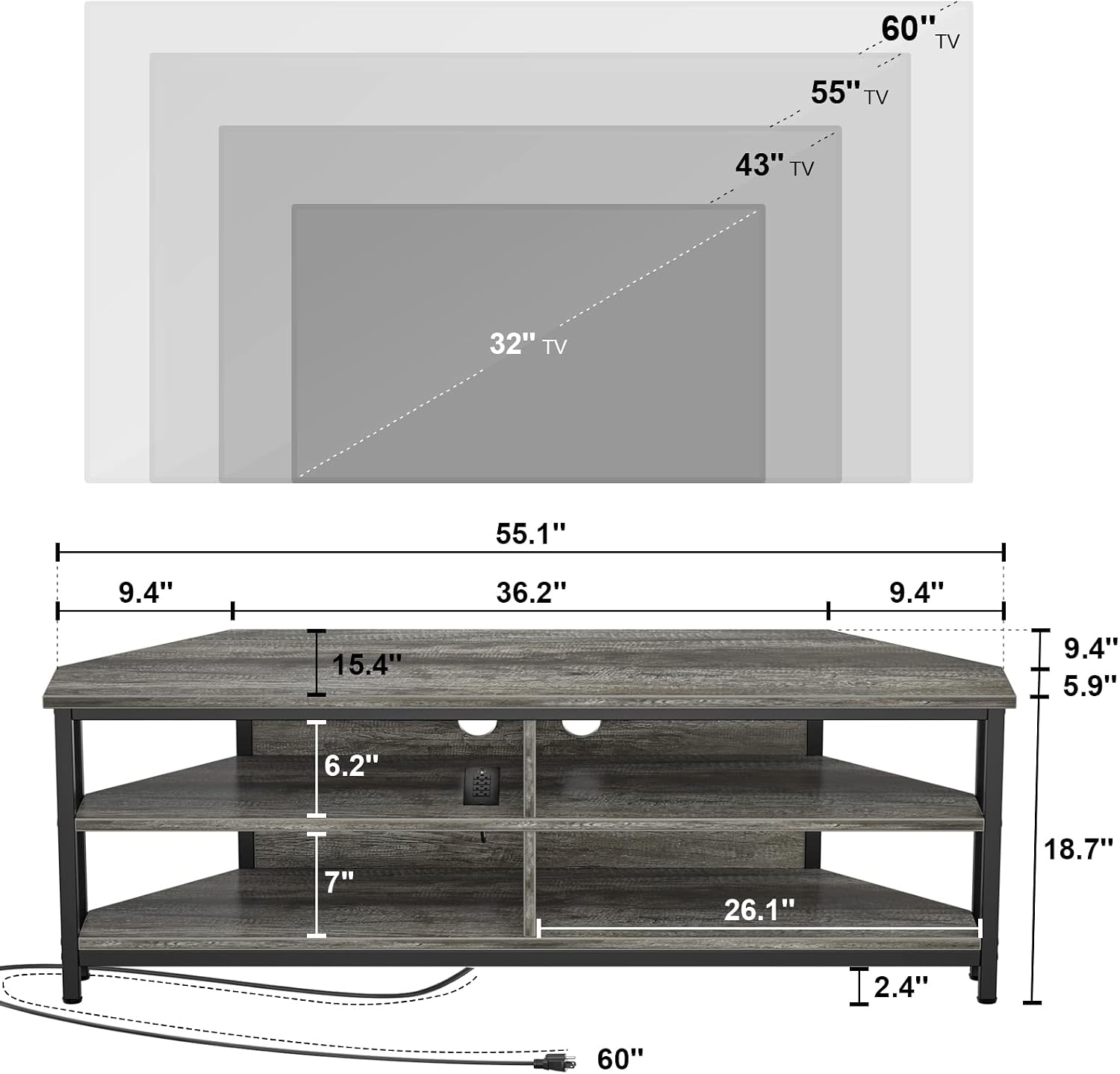 Unikito Corner TV Stand with Power Outlet, Corner Entertainment Center Media TV Console Table with 4 Open Storage Cabinet Shelve Wood TV Stand for Living Room for 55 inch TV, Gray Oak