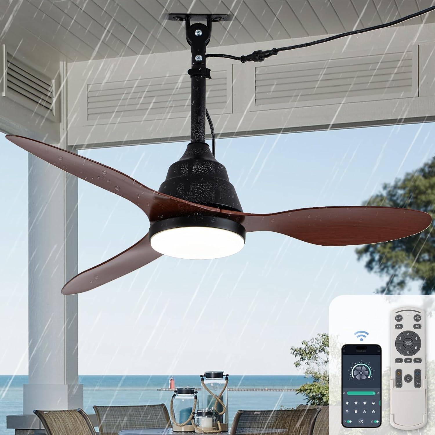 Bella Depot 42' Outdoor Ceiling Fan Waterproof Gazebo Fan with Light Smart App Remote Control Hanging Fan for Outside Patios Pergola Tent Plug-in Design Adjustable Brightness (42'- Coffee)