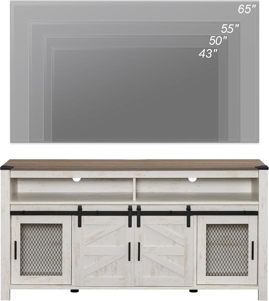 WAMPAT Farmhouse Entertainment Center for 65 Inch TVs, 59' Barn Door TV Stand with Sliding Barn Doors & Mesh Accents, Adjustable Farmhouse TV Stand with Storage for Living Room, Rustic Oak and White