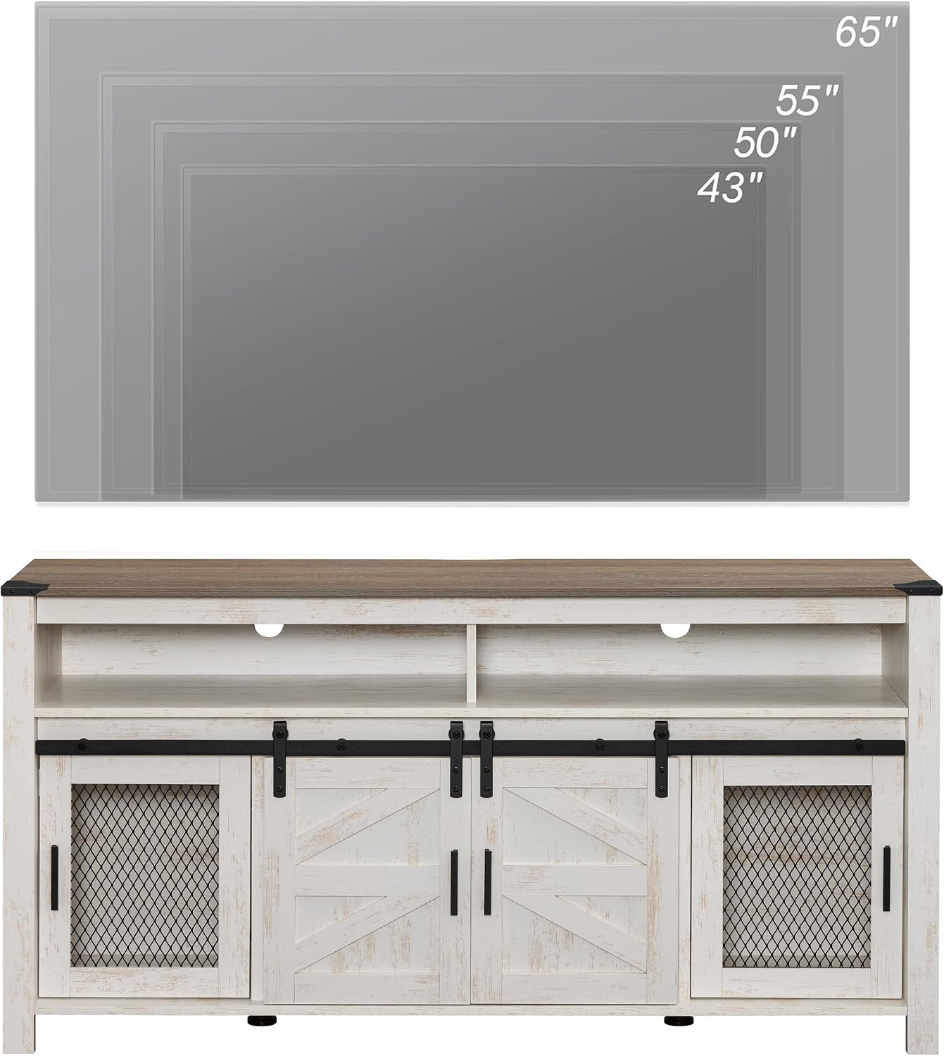WAMPAT Farmhouse Entertainment Center for 65 Inch TVs, 59' Barn Door TV Stand with Sliding Barn Doors & Mesh Accents, Adjustable Farmhouse TV Stand with Storage for Living Room, Rustic Oak and White