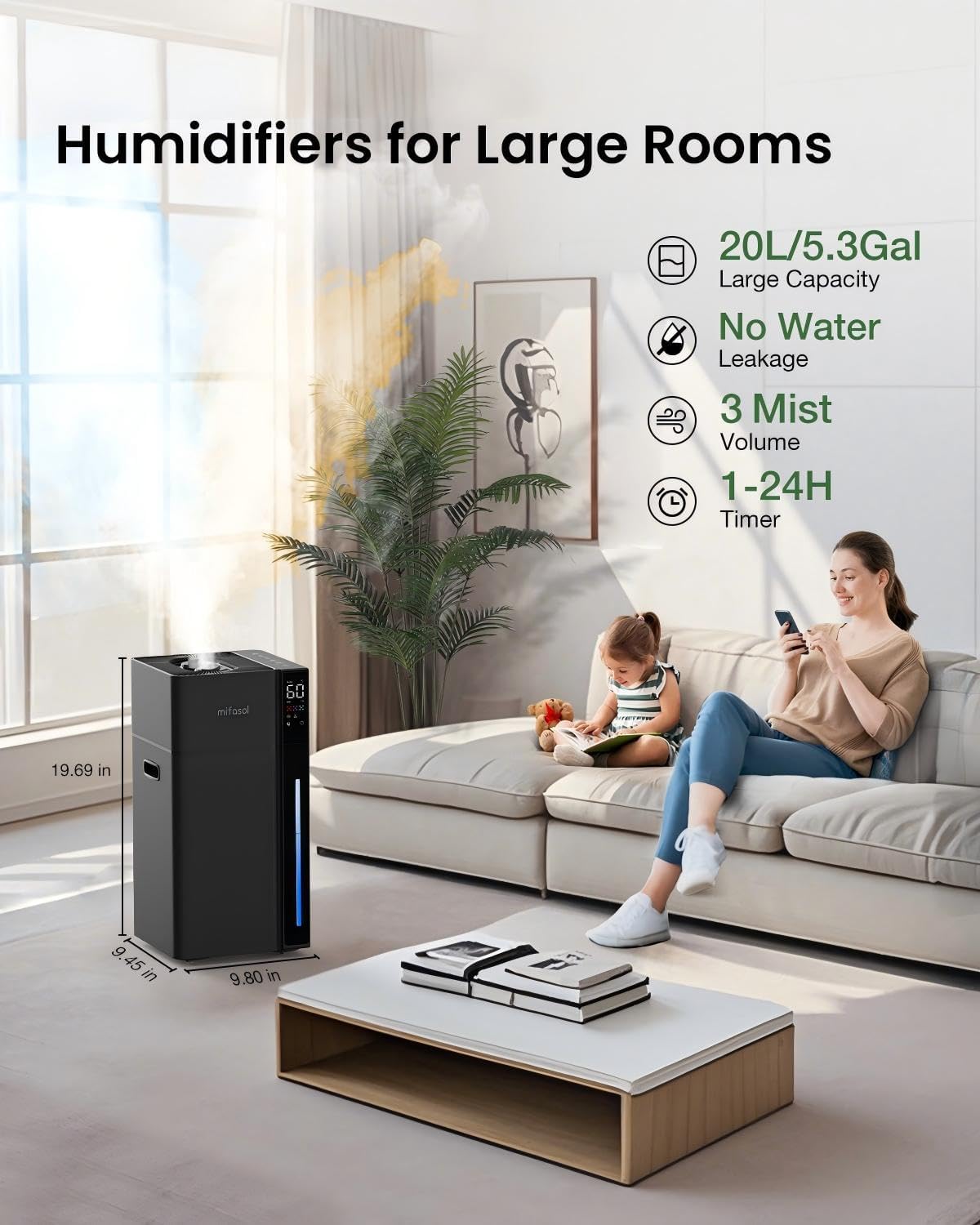 Mifasol Humidifier Large Room, 5.3Gal/20L Cool Mist Humidifiers for Home 1500 sq ft, Double Nozzles Whole House Humidifier, Humidifiers for Bedroom Plants Office Commercial Large Areas, Black