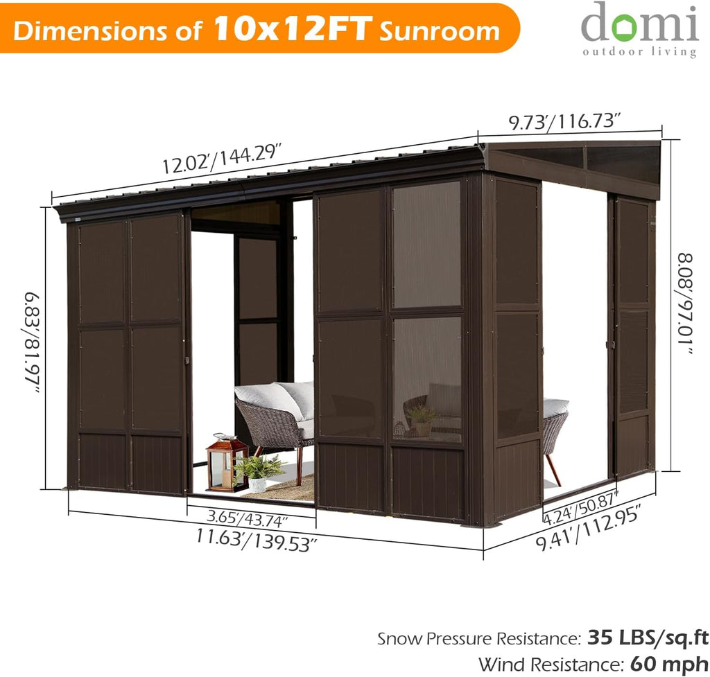 Domi 10x12FT Wall Mounted Sunroom 4 Season, Small Patio Solarium with 3 Sliding Double Doors, Enclosed Lean-to Hardtop Gazebo with Side Walls, Sun Room with Galvanized Steel Roof, Detachable PC Screen