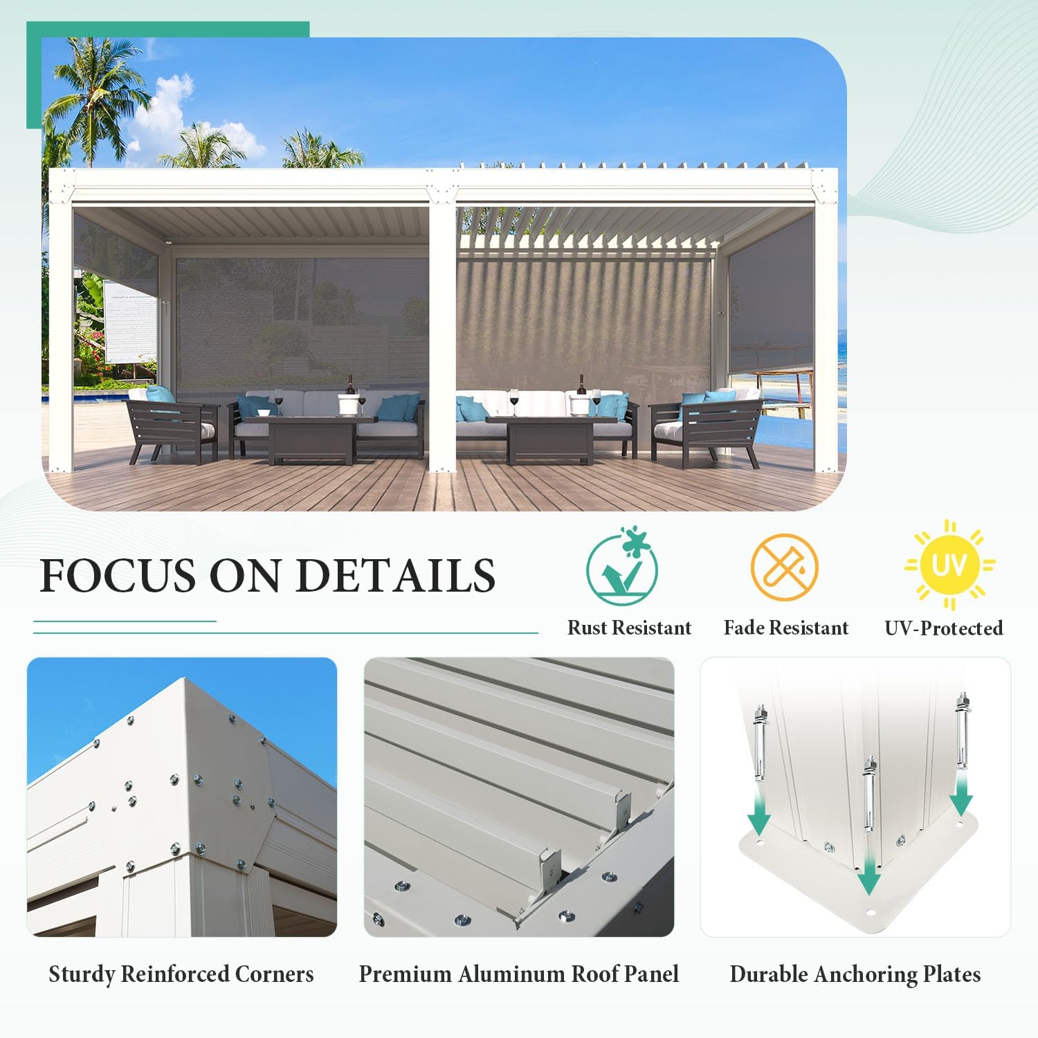 YOLENY Louvered Pergola and 6 Pull-Down Screens, 10x20FT All Aluminum Pergola with Adjustable Rainproof Roof, Outdoor Sun Shade Shelter for Patio, Weatherproof, White