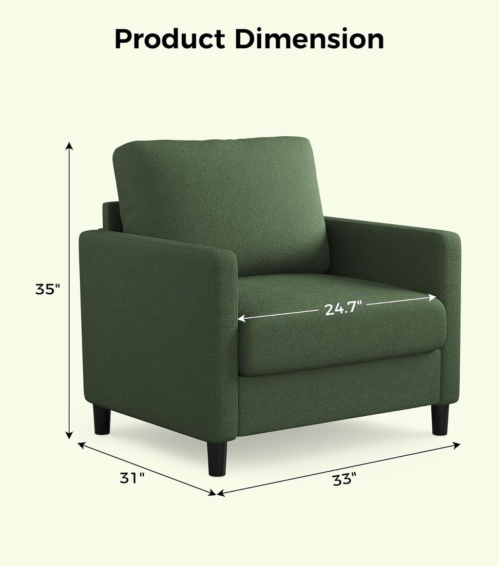 Welzona Sofa Reading Chair,33' Accent Chair for Bedroom, Tool-Free Setup Living Room Accent Chairs, Comfy Arm Chairs Living Room, All-Wood Reading Nook, Green