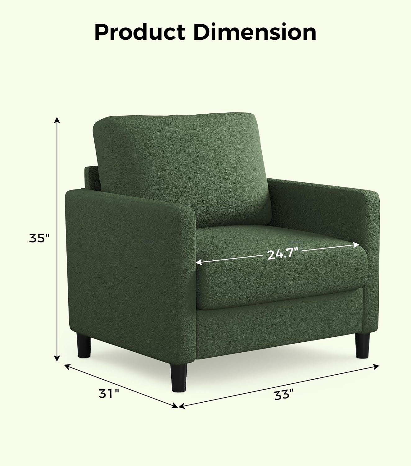 Welzona Sofa Reading Chair,33' Accent Chair for Bedroom, Tool-Free Setup Living Room Accent Chairs, Comfy Arm Chairs Living Room, All-Wood Reading Nook, Green