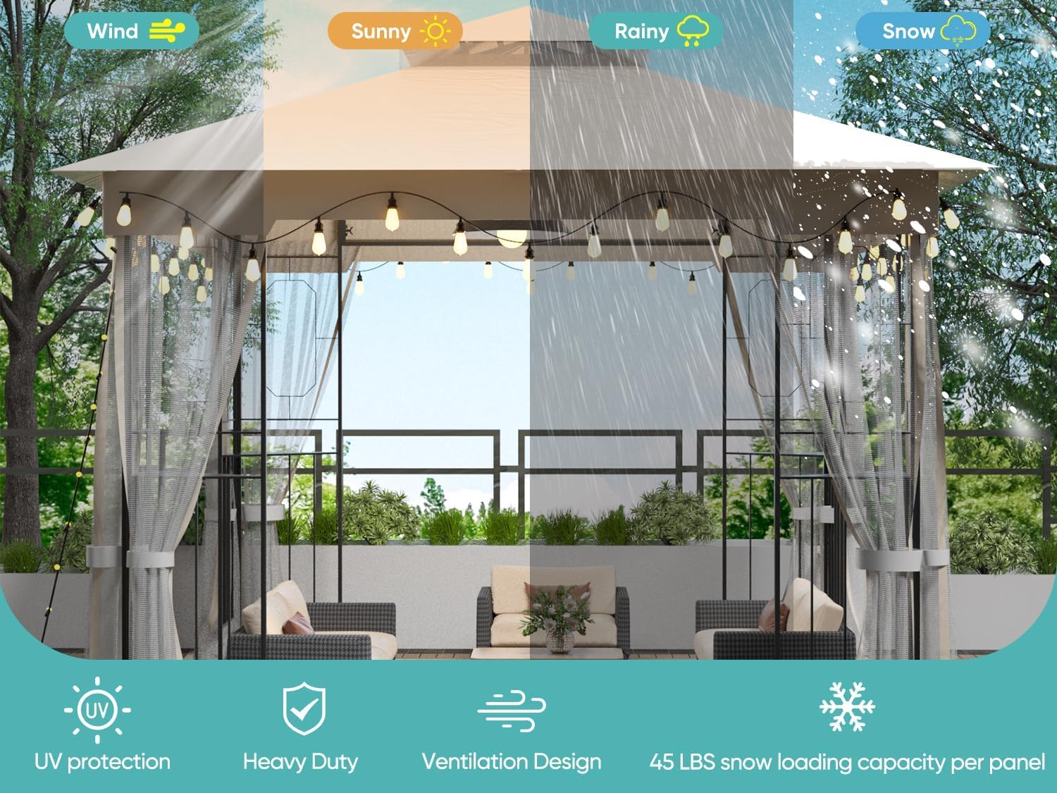 10X10FT Softtop Metal Gazebo with Mosquito Net Sunshade Curtains,Sturdy Heavy Duty Double Roof Canopy,Galvanized Steel Design Outdoor Tent,Suitable for Gardens,Patio,Backyard