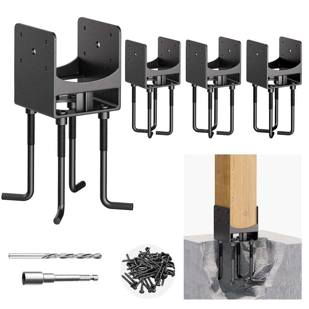 Heavy Duty Stainless Steel Post Base Anchor Bracket for 6'x6' Post with Air Flow Channel, U-Shaped Post Holder Bracket with Rebars for Concrete Foundation, Wood Gazebo, Pergola, 4Pack[Patent Pending]