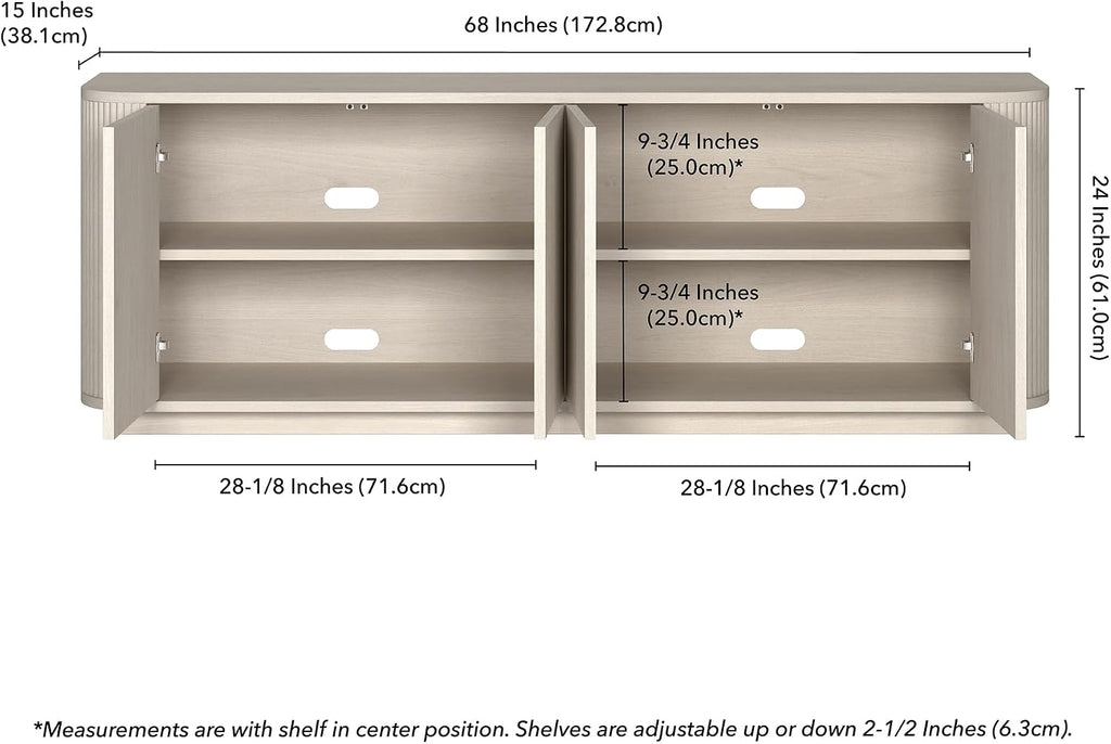 Henn&Hart Fluted TV Stand for TVs up to 75' with 2 Storage Cabinets with an Adjustable Shelf for Living Room, Family Room, or Office, Beech White