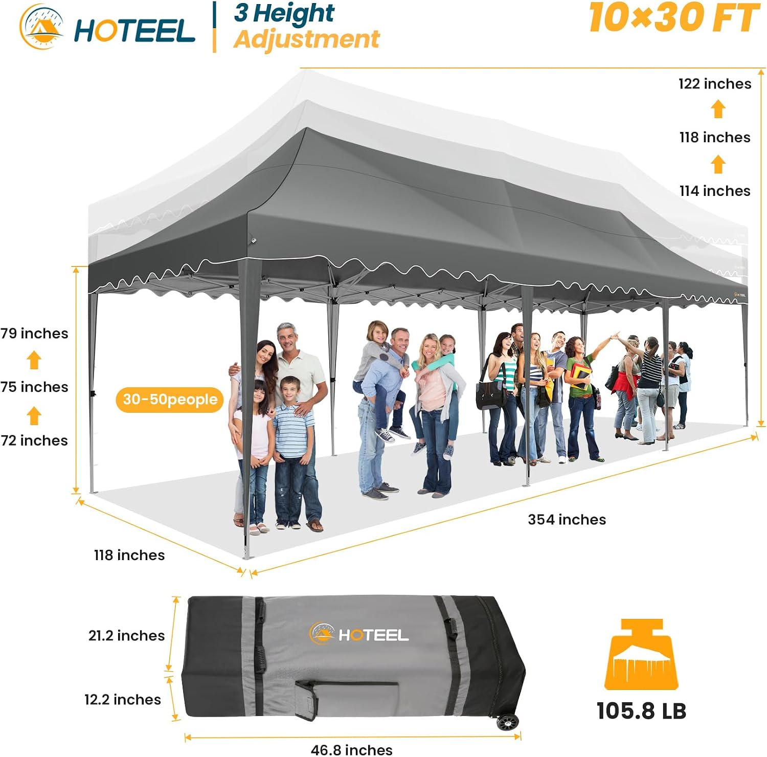 HOTEEL 10x30 Pop Up Canopy with 8 Sidewalls, UV 50+ and Waterproof 10×30 Party Tent, Thickened Frame, Large Space Easy Pop Up Canopy, Outdoor Canopy for Weddings, Beaches, Parties, Patio (Grey)