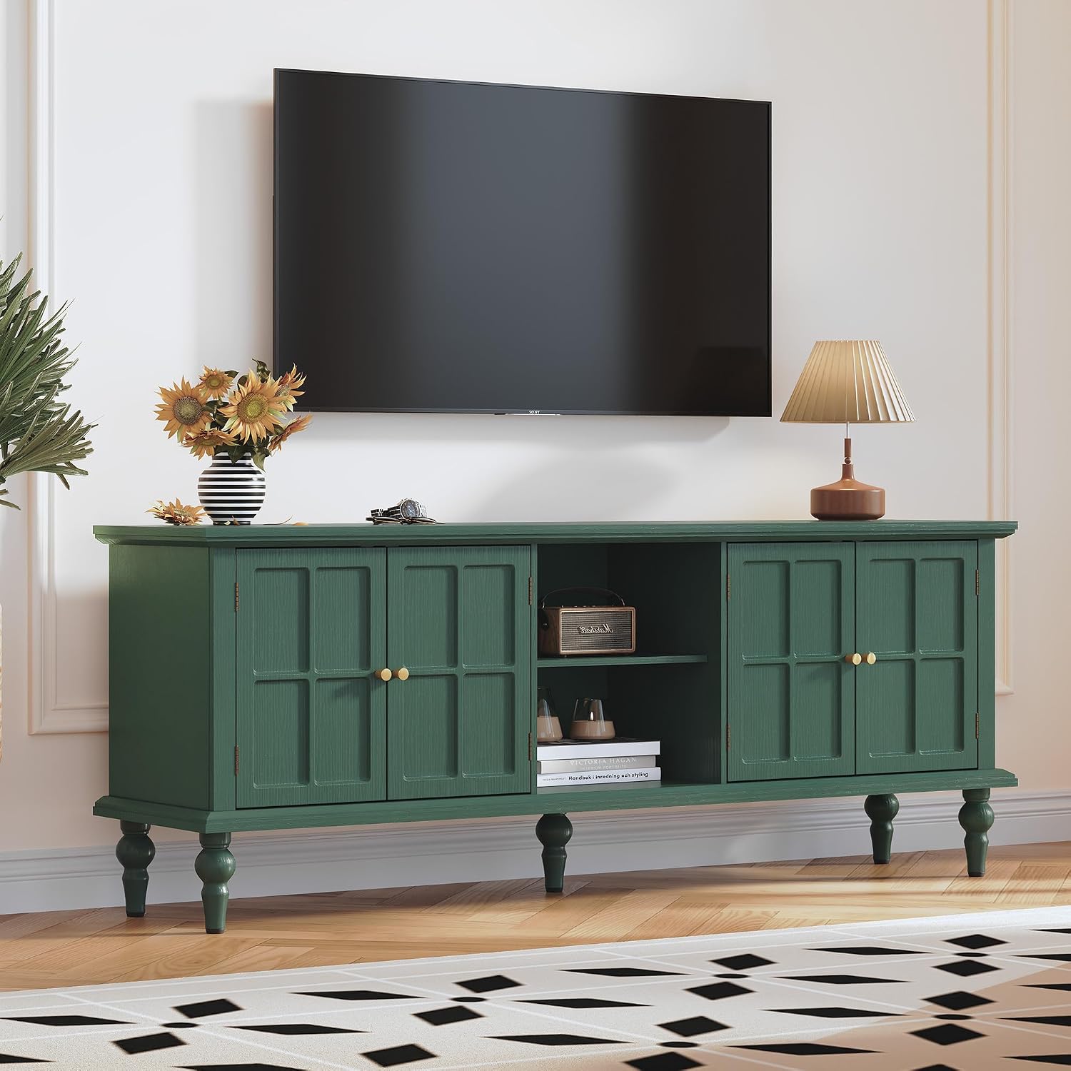 3More 67' Mid Century Modern TV Stand with Window Design,Wood Entertainment Center with Open Shelf,Up to 70' Media TV for Living Room or Bedroom,Green