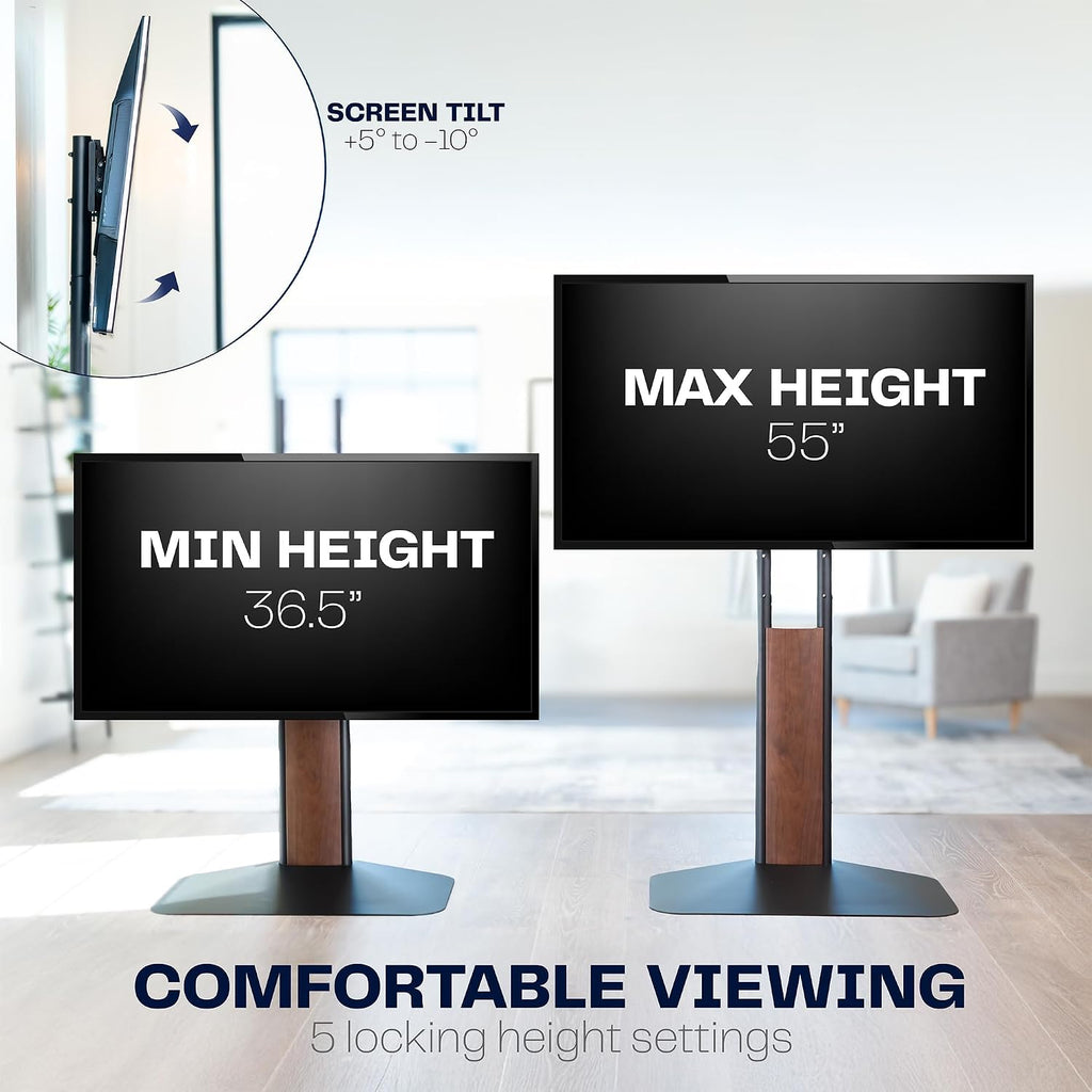 VIVO Dual-Column TV Floor Stand for 32' to 85' Screens with Heavy Duty Base, Tilting Mount with 5 Set Height Adjustments, Black and Dark Walnut, STAND-TV85JS