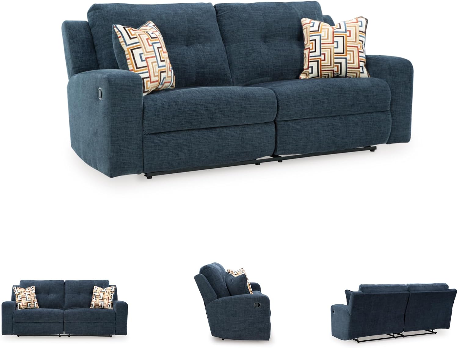 Signature Design by Ashley Danum Modern Manual Pull Tab Reclining Sofa with Tufed Back Cushion, Blue