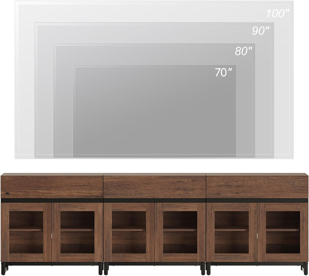 WAMPAT Modern TV Stand with Glass Doors for 70-100 inch TVs, 3 in 1 Entertainment Center Console with 3 Drawers and Metal Base for Living Room, Bedroom, Brown