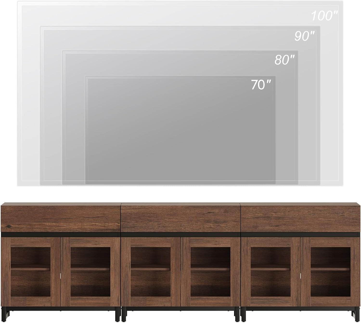 WAMPAT Modern TV Stand with Glass Doors for 70-100 inch TVs, 3 in 1 Entertainment Center Console with 3 Drawers and Metal Base for Living Room, Bedroom, Brown