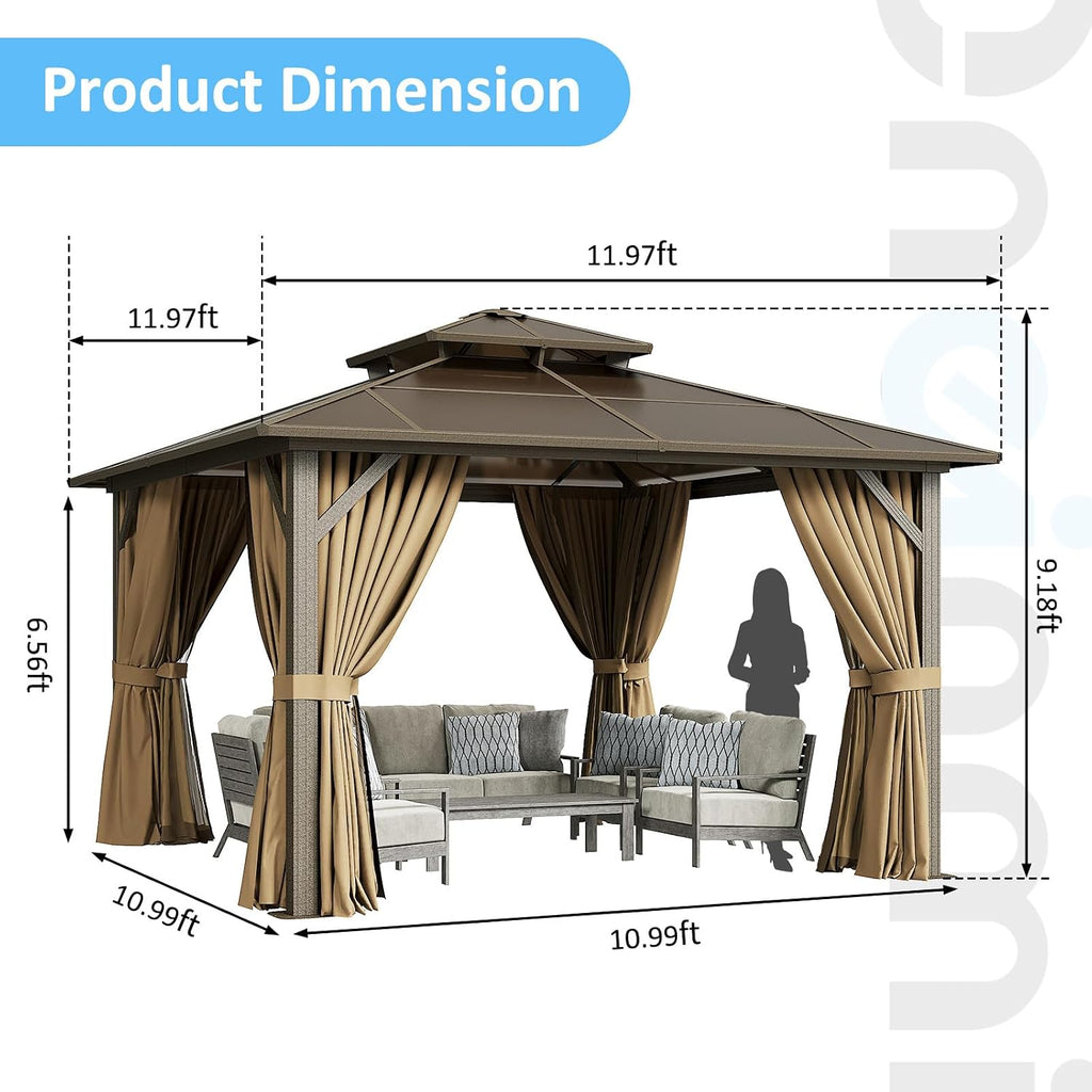 12×12FT Brown Double Roof Polycarbonate Gazebo, Sturdy Outdoor Patio Shelter with Shade for Garden, Backyard, and Patio