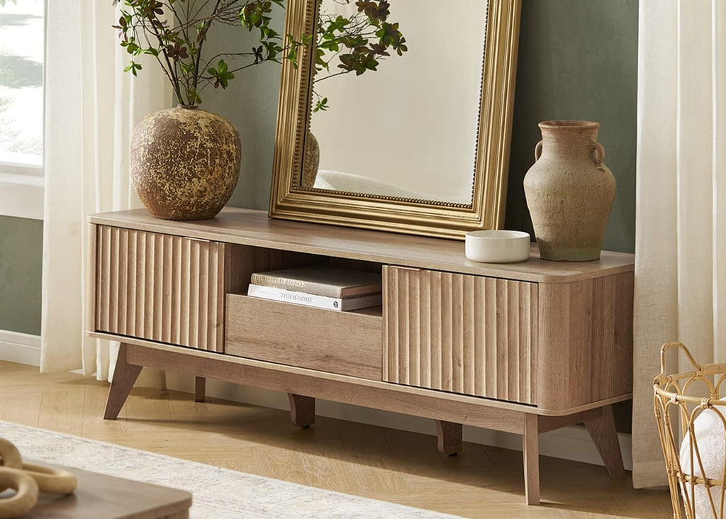mopio Brooklyn Mid-Century Modern TV Stand, for TVs up to 50' / 59' Waveform Panel, Sleek Curved Profile with Adjustable Shelf and Sturdy Box Frame Leg (Golden Oak, 57')