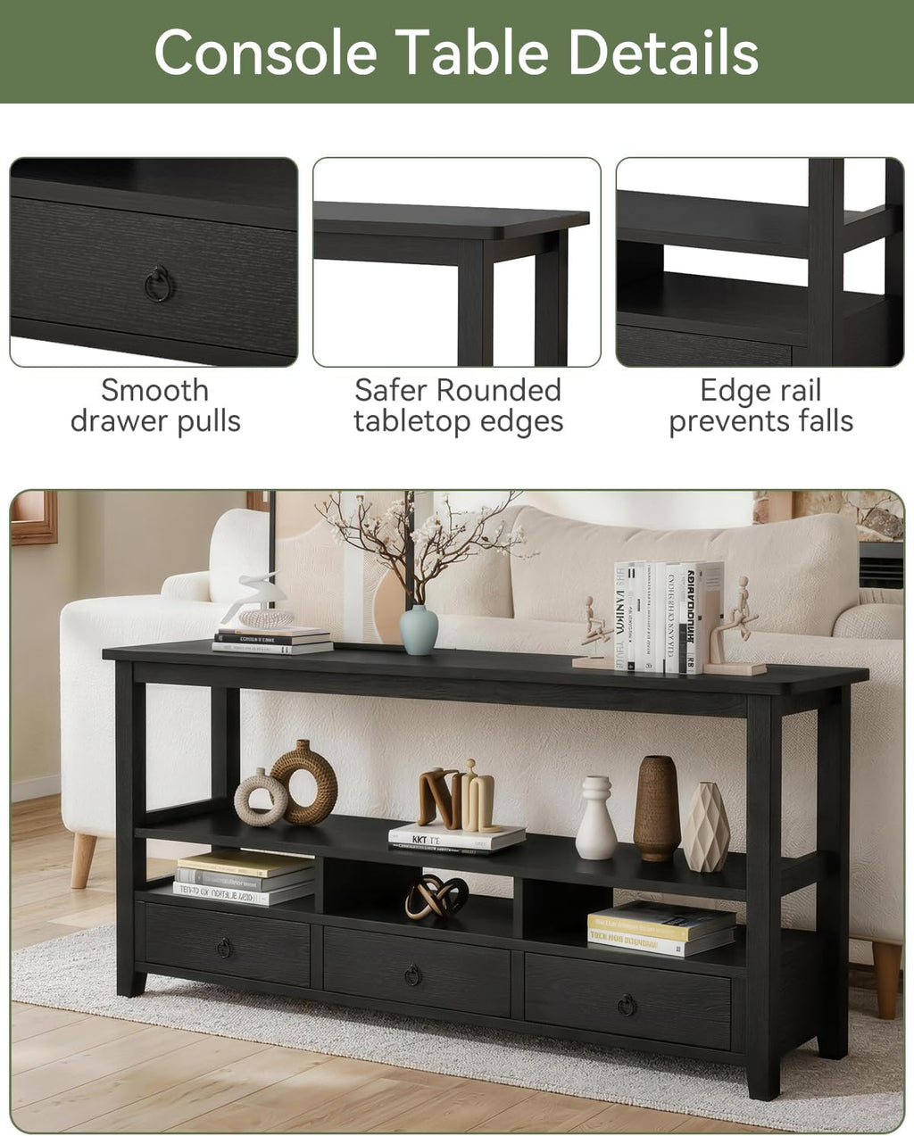Karl home Console Table with 3 Bottom Drawers, 57.9' W Sofa Side Table Entryway Desk with 3 Storage Cubbies 1 Open Shelf, Vintage TV Stand for Hallway Living Room Office, Black 29.9' H