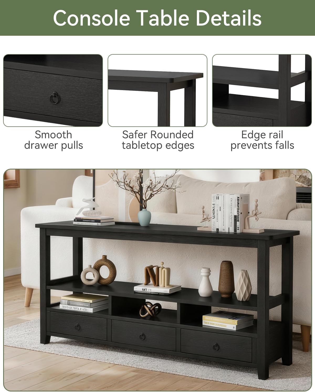 Karl home Console Table with 3 Bottom Drawers, 57.9' W Sofa Side Table Entryway Desk with 3 Storage Cubbies 1 Open Shelf, Vintage TV Stand for Hallway Living Room Office, Black 29.9' H