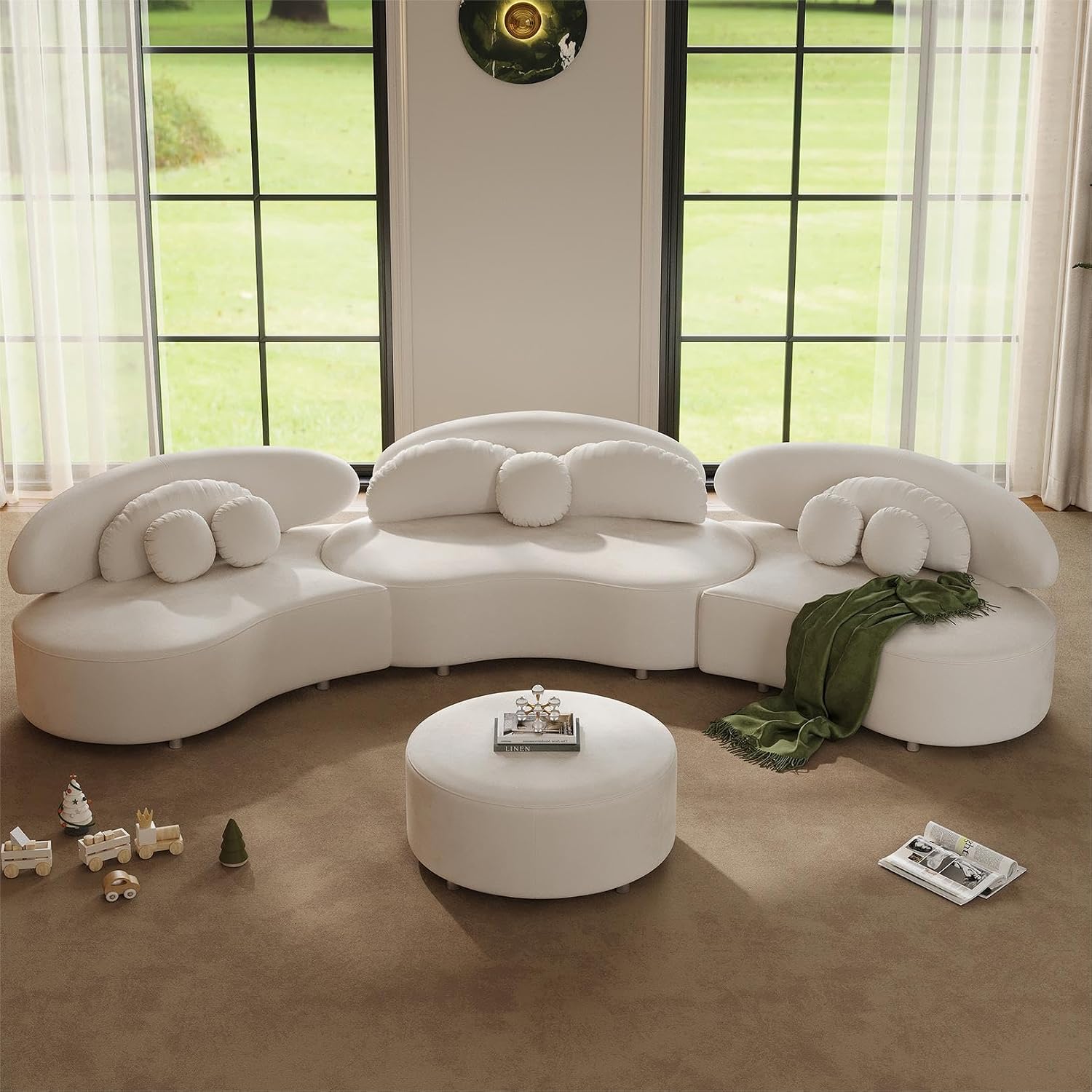 homary 7-Seat Curved Modular Sectional Sofa – Velvet Upholstered, Beige Couch with Ottoman, Modern Living Room Furniture for Family & Entertaining