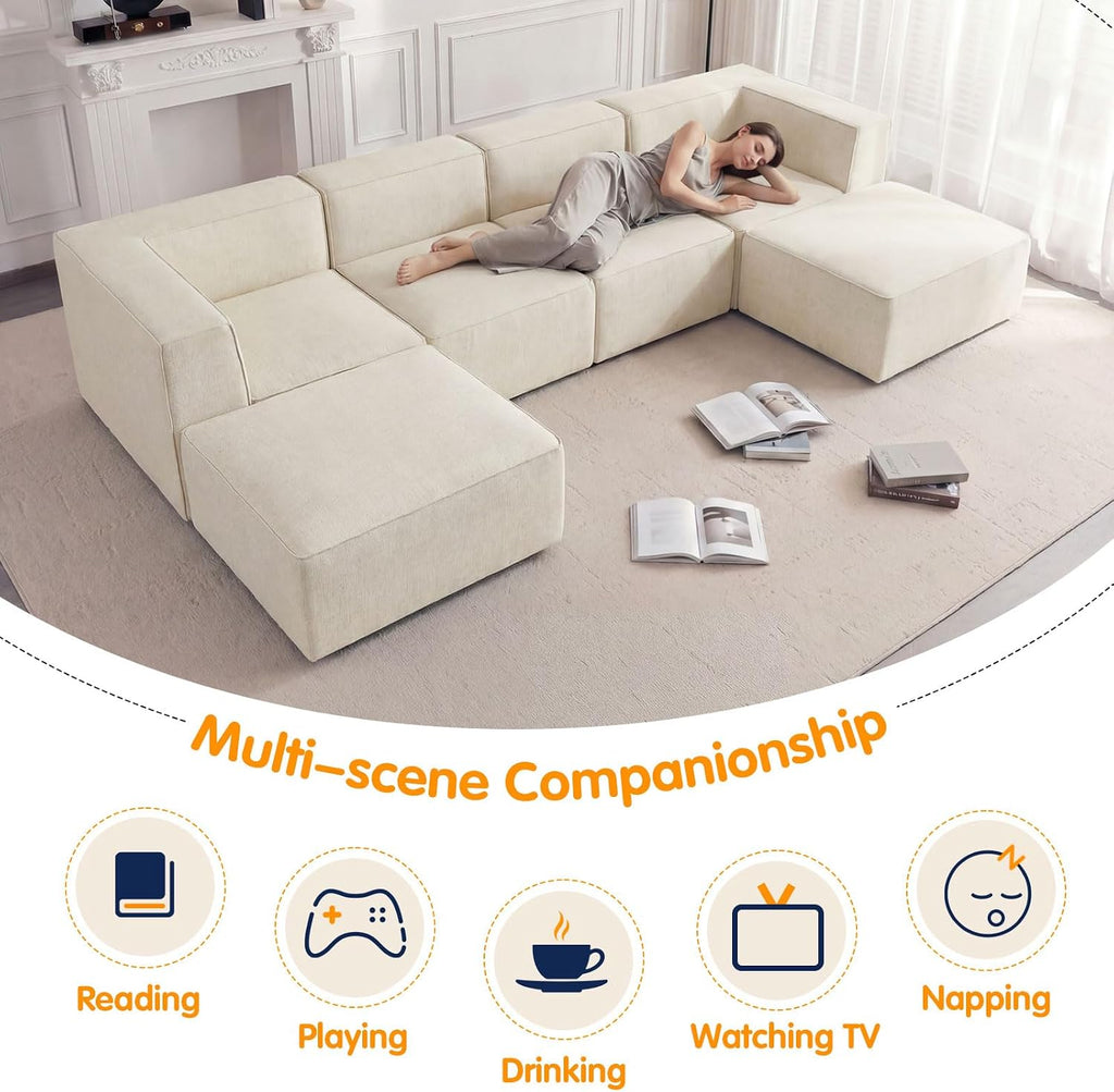 136' 6-Piece Sectional Sofa Modular Couches,L-U-Shaped with Chaise,for Living Room,Compressed Foam No Assembly,for Living Room (2xArmless Corner Ottoman) Fabric Chenille Beige
