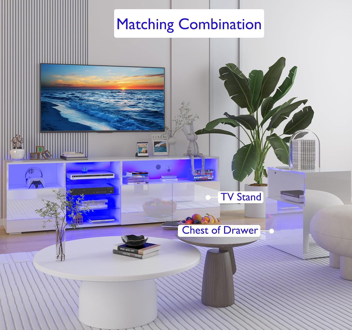 jiteentarou 79IN LED TV Stand for 75/80/85inch TV,High Glossy Modern TV Stand for Living Room,TV Entertainment Center with Adjustable Storage Shelf,RGB LED Lighting,TV Console(White)