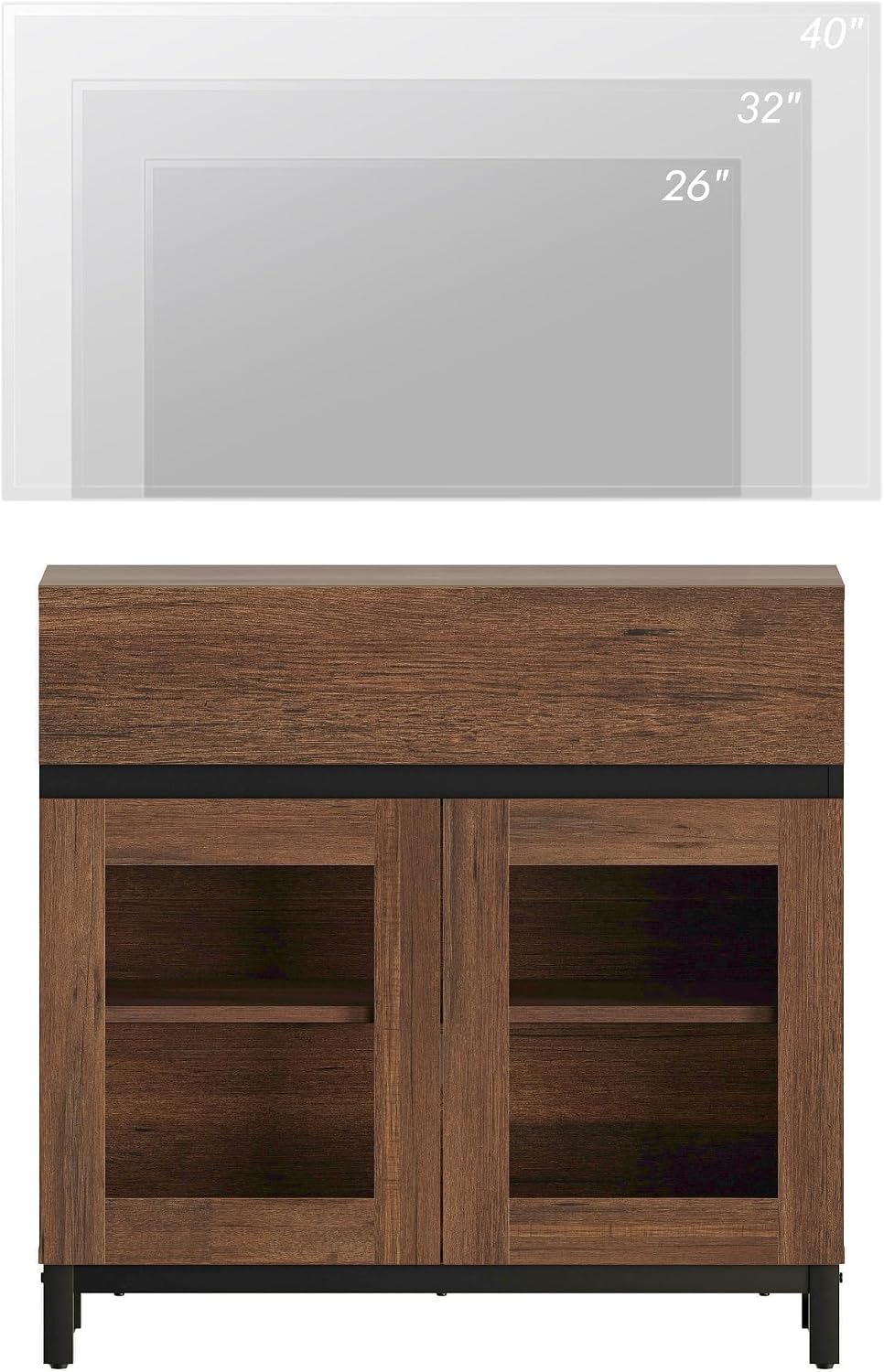 WAMPAT Modern TV Stand with Glass Doors for 26-40 inch TVs, Entertainment Center Console with Drawer and Metal Base for Living Room, Bedroom, Brown