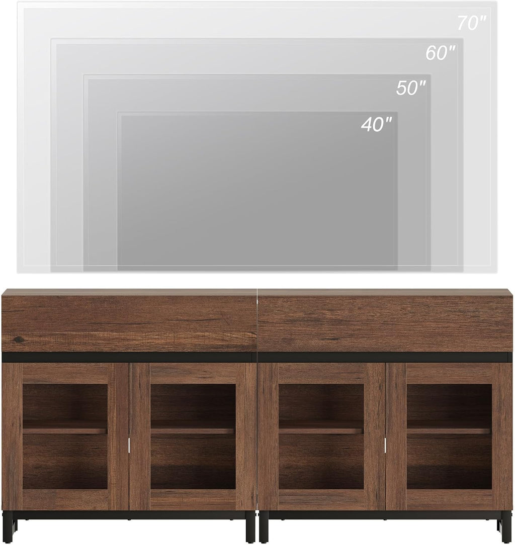 WAMPAT Modern TV Stand with Glass Doors for 40-70 inch TVs, 2 in 1 Entertainment Center Console with 2 Drawers and Metal Base for Living Room, Bedroom, Brown