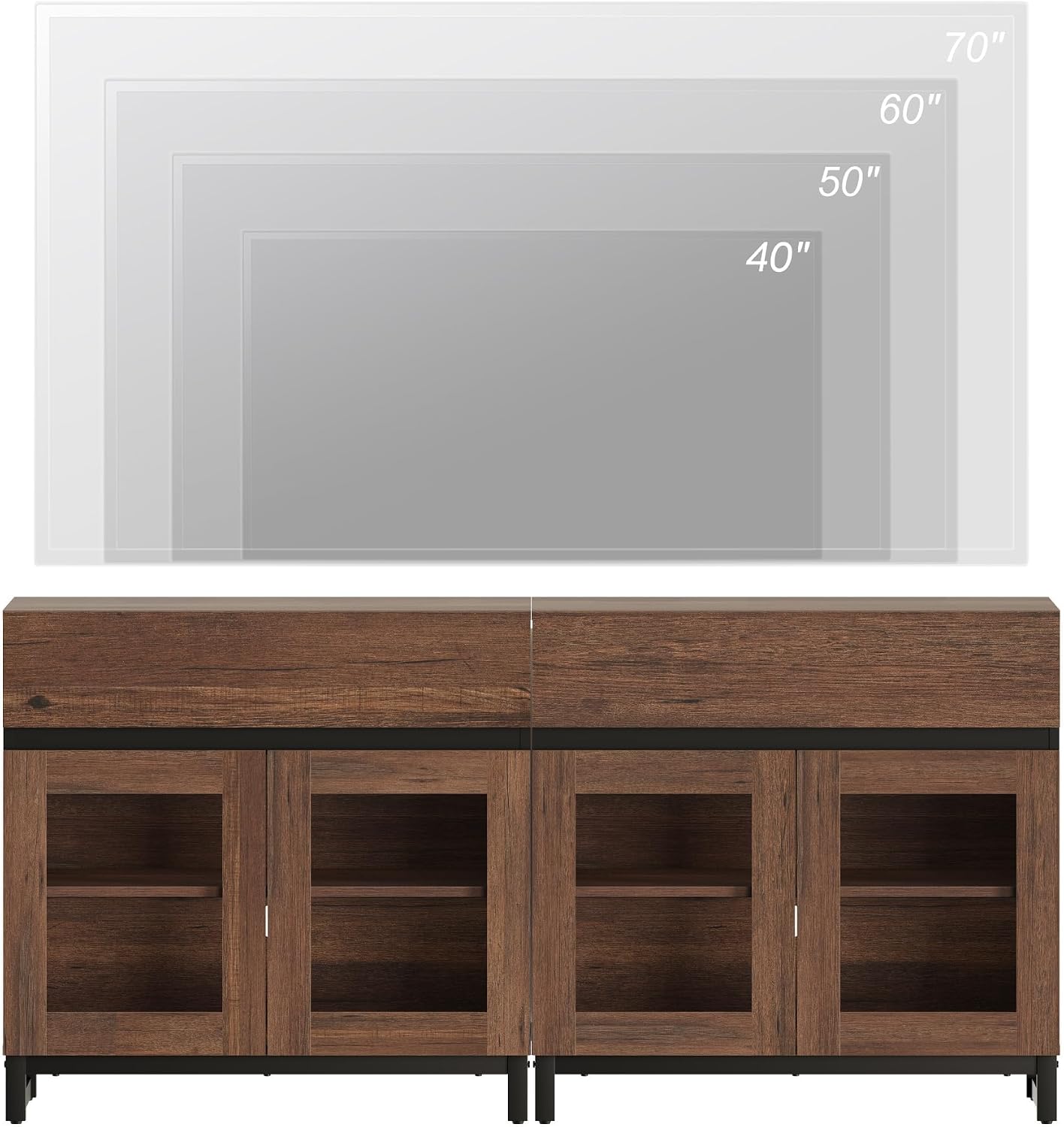 WAMPAT Modern TV Stand with Glass Doors for 40-70 inch TVs, 2 in 1 Entertainment Center Console with 2 Drawers and Metal Base for Living Room, Bedroom, Brown