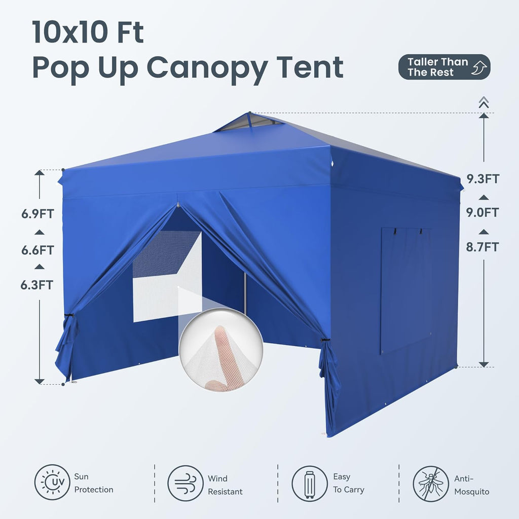 PHI VILLA 10x10 Pop Up Canopy Tent with Sidewalls - Easy Up Tent with Mesh Windows for Ventilation, Waterproof Design - Ideal for Parties, Beach, and Outdoor Events (Blue)