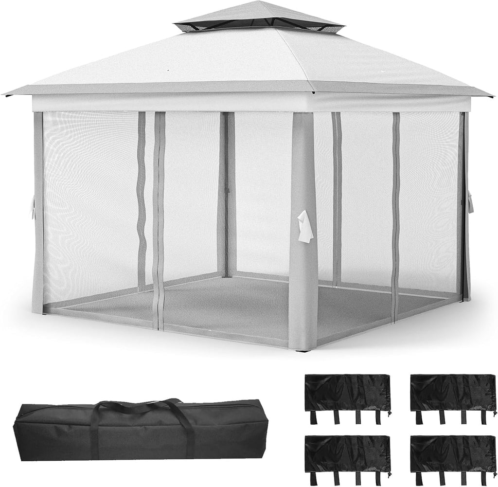 11x11Ft Pop Up Gazebo with Mosquito Netting, Outdoor Heavy Duty Instant Canopy with Sturdy Metal Frame & Double Roofs, Patio Shelter for Backyard, Garden, Lawn, Deck