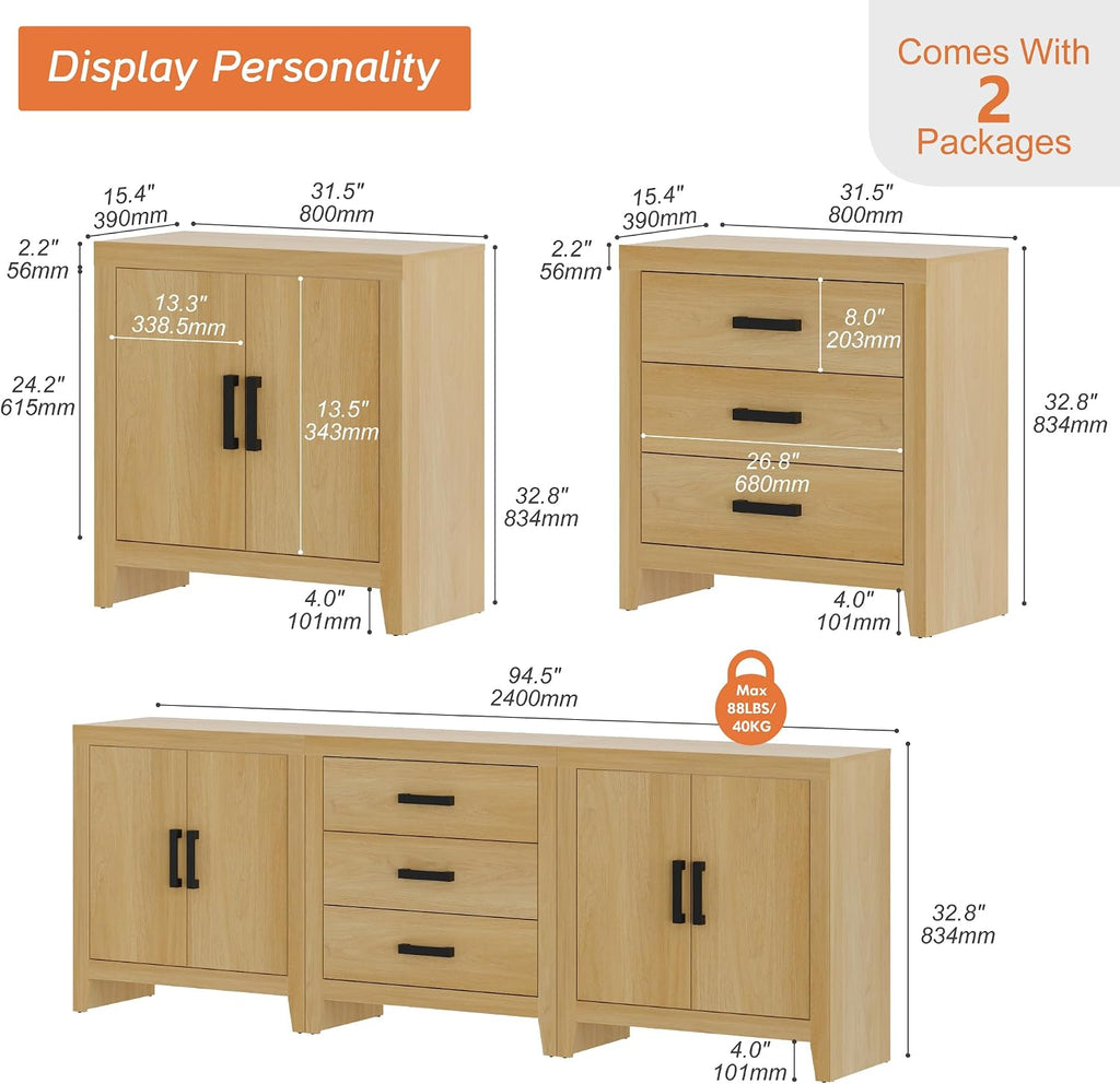 WAMPAT TV Stand for TVs up to 85 Inch, 3-Piece Modular Entertainment Center with Drawers and Doors, Farmhouse Media Console for Living Room, Bedroom, Home Theater, Oak