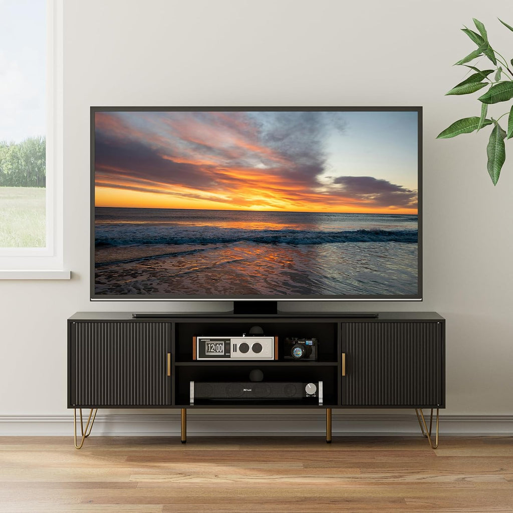 TV Stand for 55-65 inch TV, Entertainment Center with Soft Hinge Door,TV Console Table with 2 Cabinets with Gold Handle and Feet,for Living Room, Bedroom, Black
