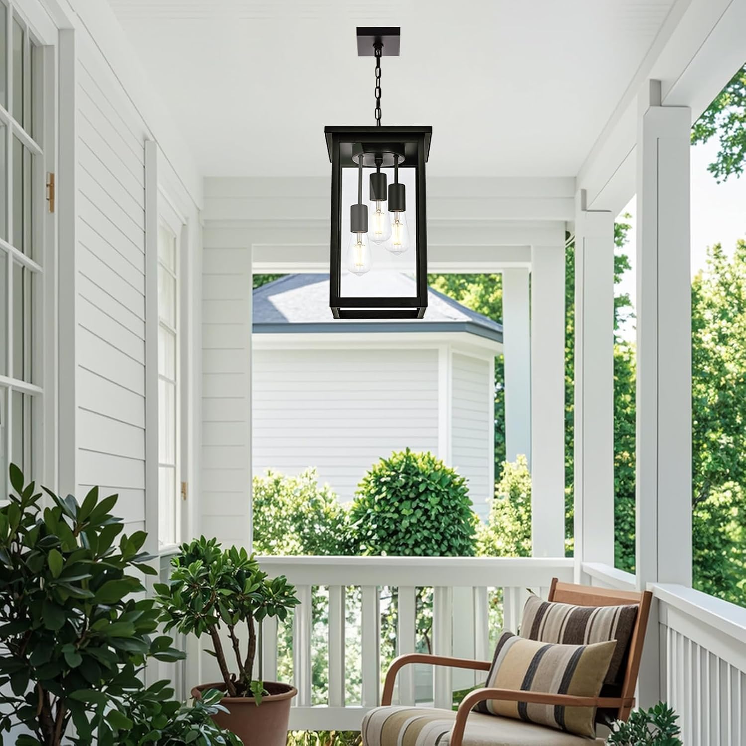 17'' Large Outdoor Pendant Light, 3-Lights Matte Black Exterior Hanging Lantern with Clear Glass, Outdoor Chandelier Ceiling Light Fixture for Porch, Patio, Gazebo, Entryway