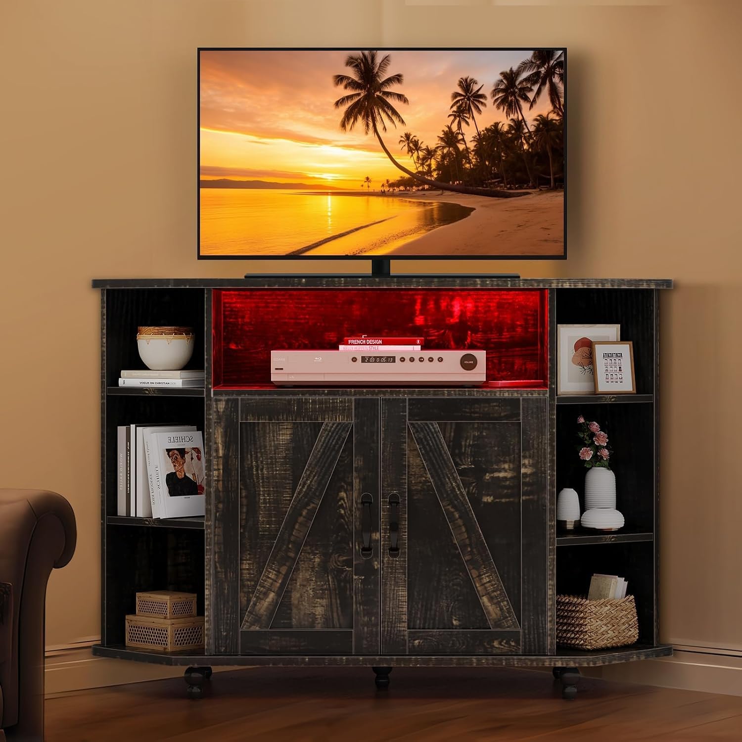 4 EVER WINNER Corner TV Stand with Led Light for 50 Inch TV, Corner Entertainment Center with Open Storage, Adjustable Shelves, TV Stands for Living Room, Bedroom, Rustic Oak
