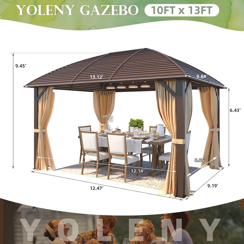 YOLENY 10' x 13' Hardtop Gazebo with Galvanized Steel Roof, Arc Roof Gazebos with Aluminum Frame, Curtain&Netting Included, Sunshade for Gardens, Lawns, Deck