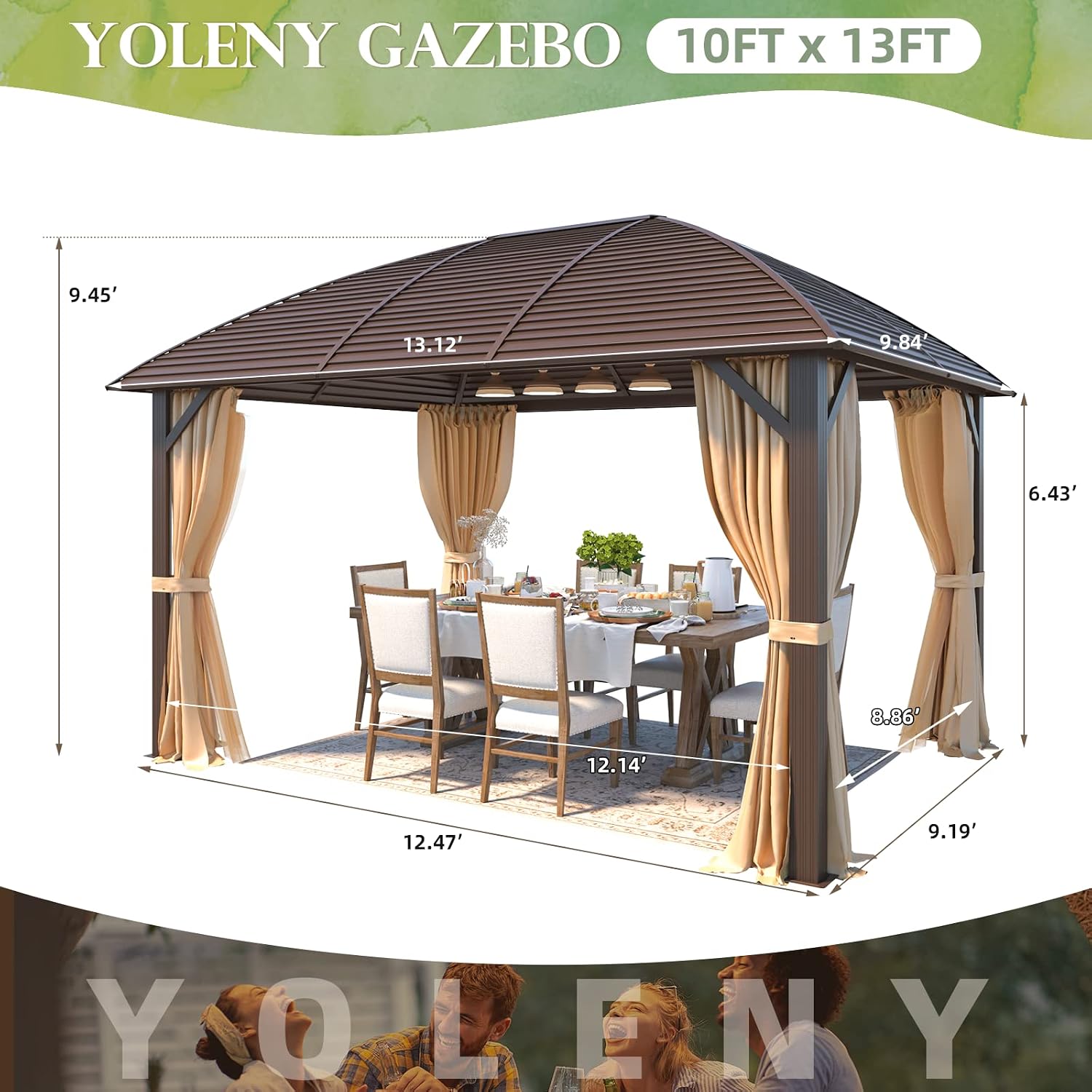 YOLENY 10' x 13' Hardtop Gazebo with Galvanized Steel Roof, Arc Roof Gazebos with Aluminum Frame, Curtain&Netting Included, Sunshade for Gardens, Lawns, Deck