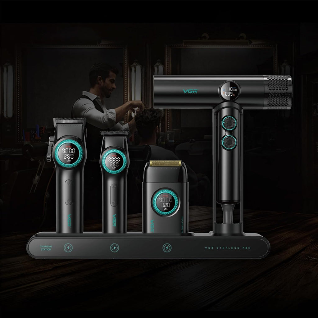 VGR Professional Barber Combo 4 in 1 – Cordless Hair Clipper, Trimmer, Foil Shaver & Powerful Hair Dryer Set for Men, 9000 RPM Motor, Long Battery Life, All-in-One Grooming Kit (Black)