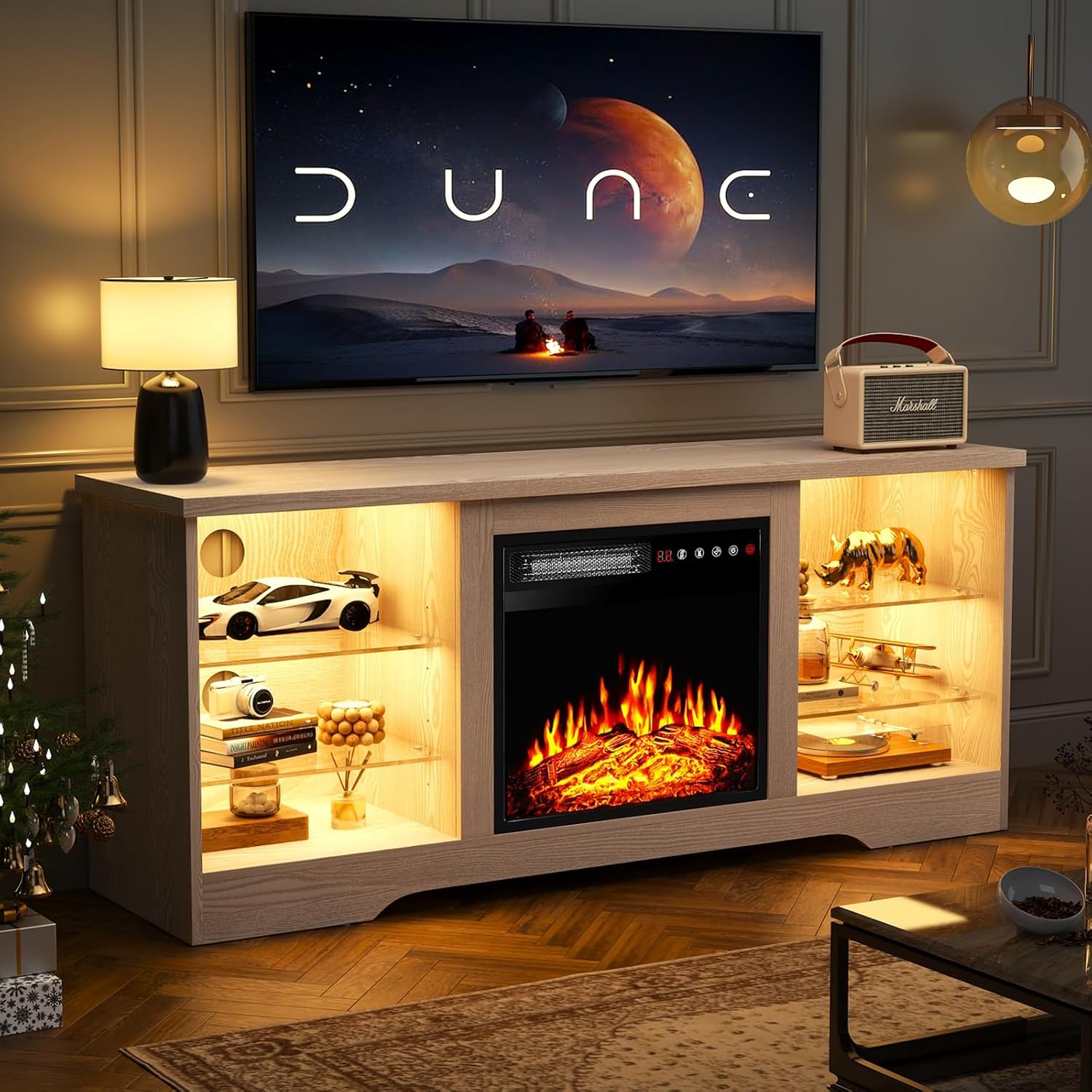 TAVATA Fireplace TV Stand with 18''Fireplace, Modern Entertainment Center for TVs up to 65 inch, Media TV Console with Adjustable Glass Shelves and Storage Cabinets (Beige)