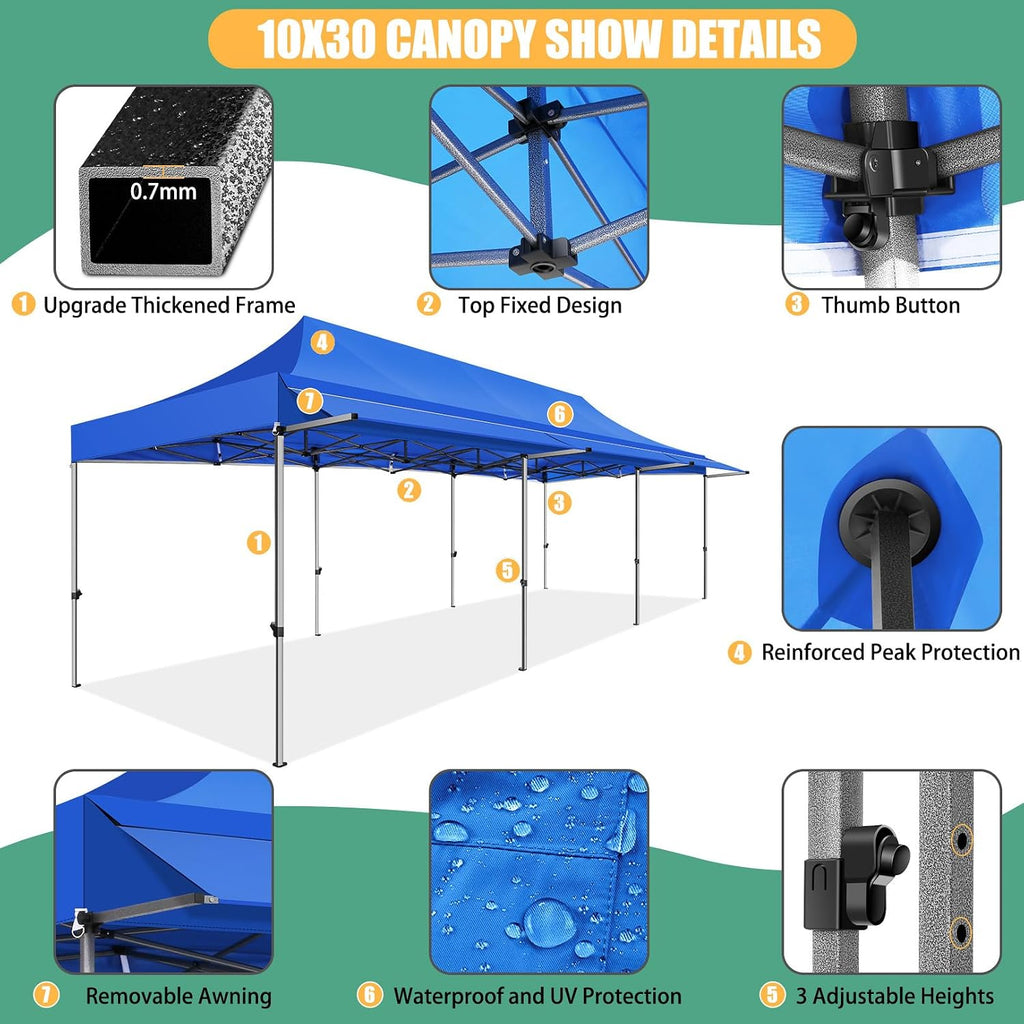 COBIZI 10x30 Pop Up Canopy Tent with Awning,Heavy Duty Canopy UPF 50+ All Season Wind Waterproof Commercial Outdoor Street Vendors Party Tents for Parties Canopy with Roller Bag(10 x 30 ft Blue)