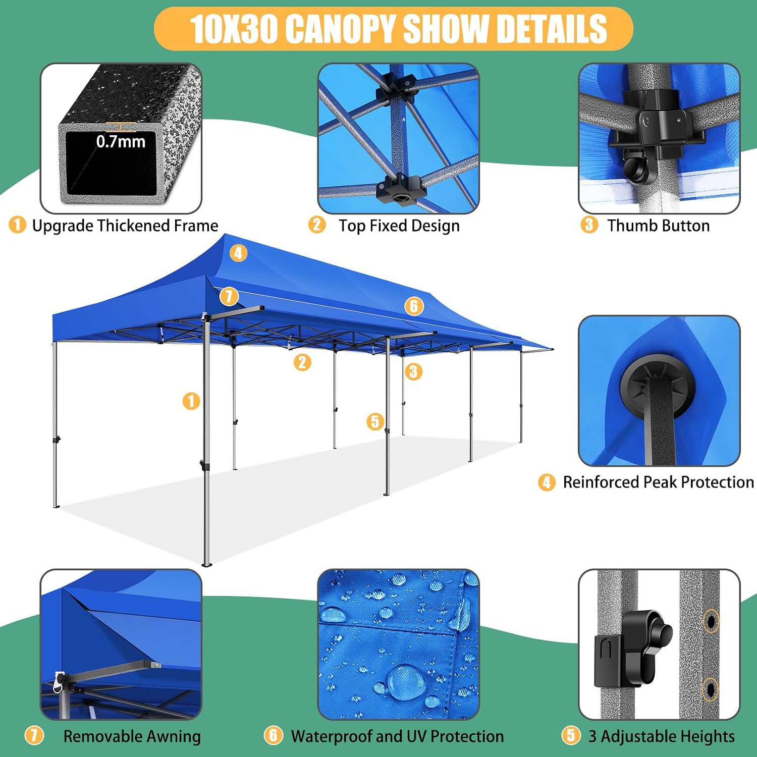 COBIZI 10x30 Pop Up Canopy Tent with Awning,Heavy Duty Canopy UPF 50+ All Season Wind Waterproof Commercial Outdoor Street Vendors Party Tents for Parties Canopy with Roller Bag(10 x 30 ft Blue)