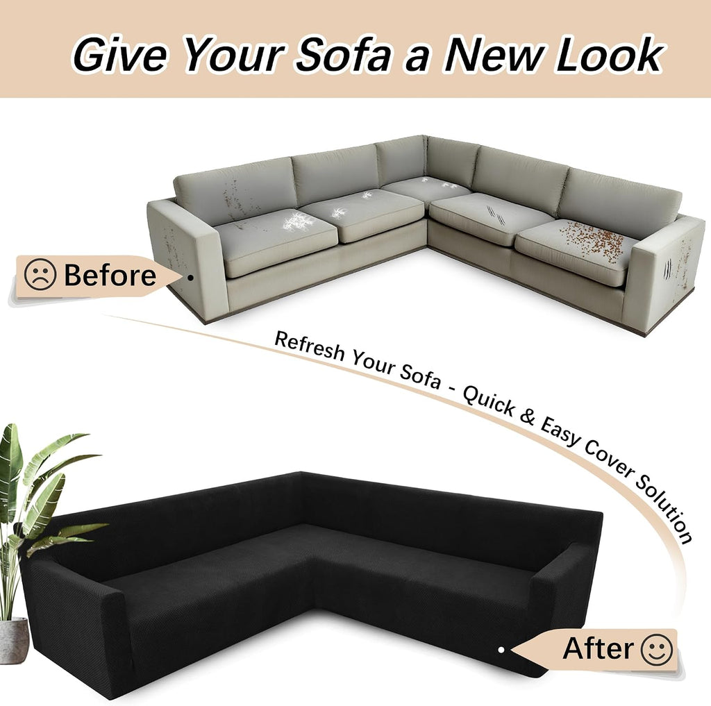 Arfntevss Stretch Sectional Couch Covers L Shaped Corner Sectional Sofa Cover Washable Jacquard Soft Fleece U Shape Sofa Slipcovers Anti Slip Furniture Protector for Dogs Pets (Large, Black)