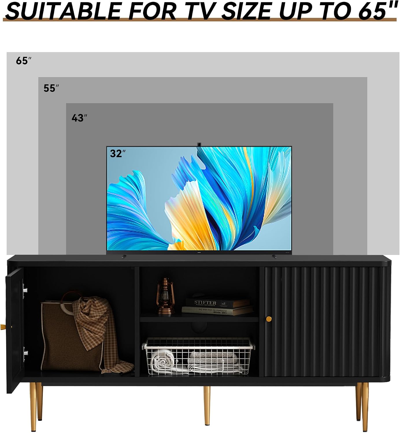 ARTPOWER 55' Fluted TV Stand, Mid Century Modern Black TV Stand for 55/60/65 inch TV, Entertainment Center with Storage, Television Stands, TV Console, Media Console for Living Room, Bedroom (Black)