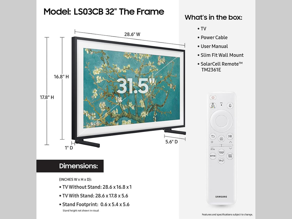 Samsung QN32LS03CBFXZA 32 Inch The Frame QLED Smart TV with Art Mode and 2 Year Amber Protection Plan (2023)