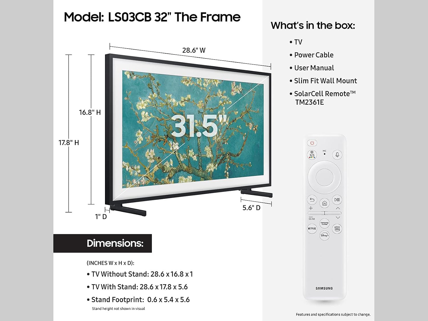 Samsung QN32LS03CBFXZA 32 Inch The Frame QLED Smart TV with Art Mode and 3 Year Amber Protection Plan (2023)