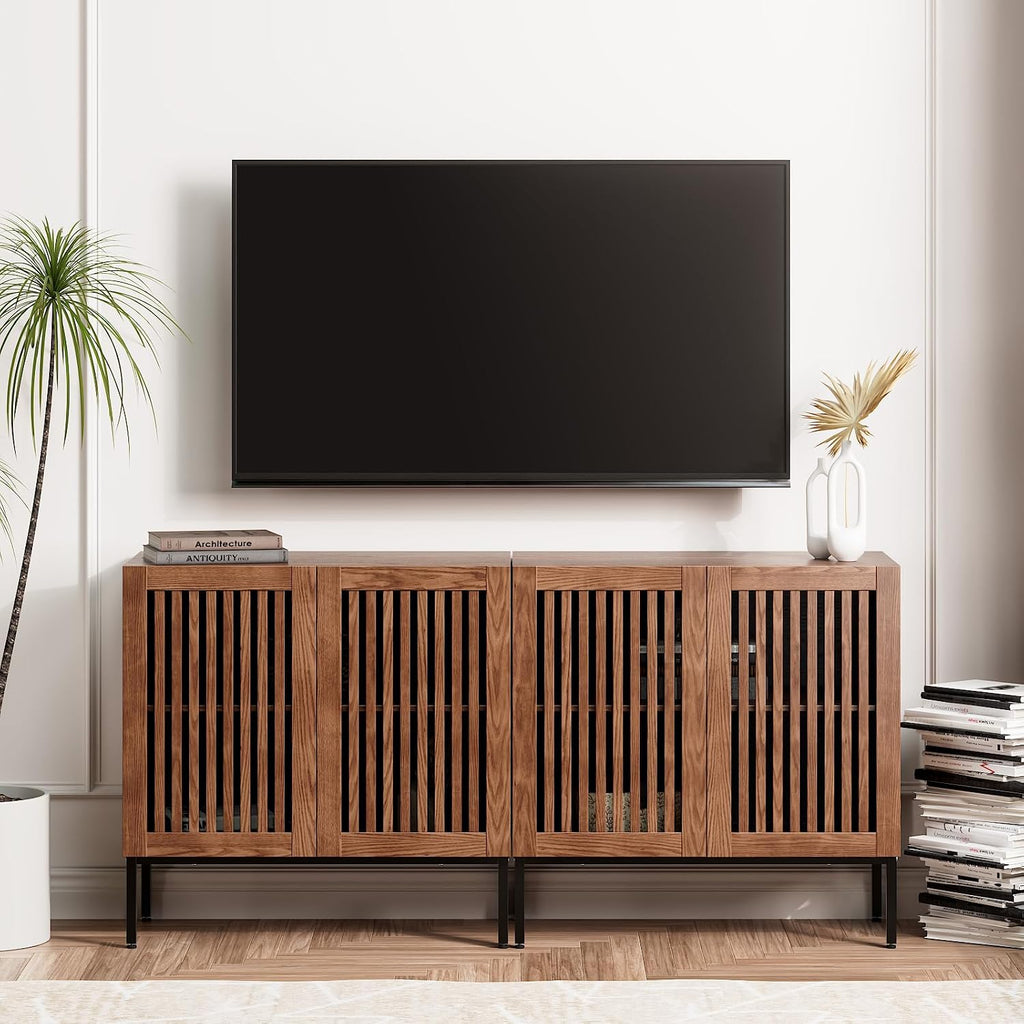 BVIUNTWO Farmhouse TV Stand for 70 Inch TVs, 2-in-1 Entertainment Center with Storage Cabinets & Metal Base,Brown Media Console for Living Room
