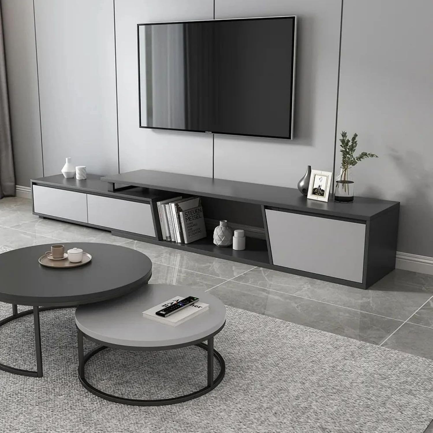 homary Extendable TV Stand with 3 Drawers Minimalist Rectangle Entertainment Center TV Console Up to 110' (70.9'W-110.2'W) (Gray)