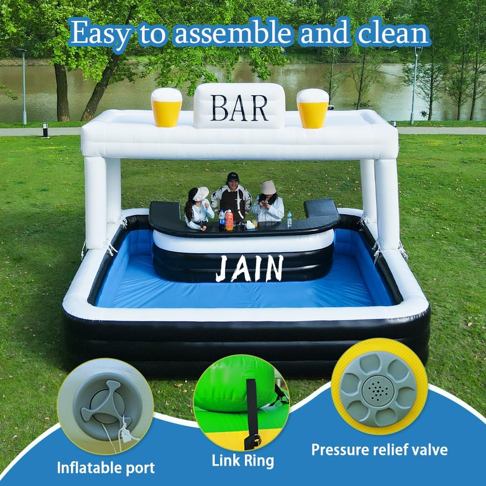 US Stock Party Ready Inflatable Pool Bar for Adults 13 ft Heavy-Duty PVC Backyard Pub with BAR Sign, Poolside Blow Up Bar for Outdoor Parties & Events